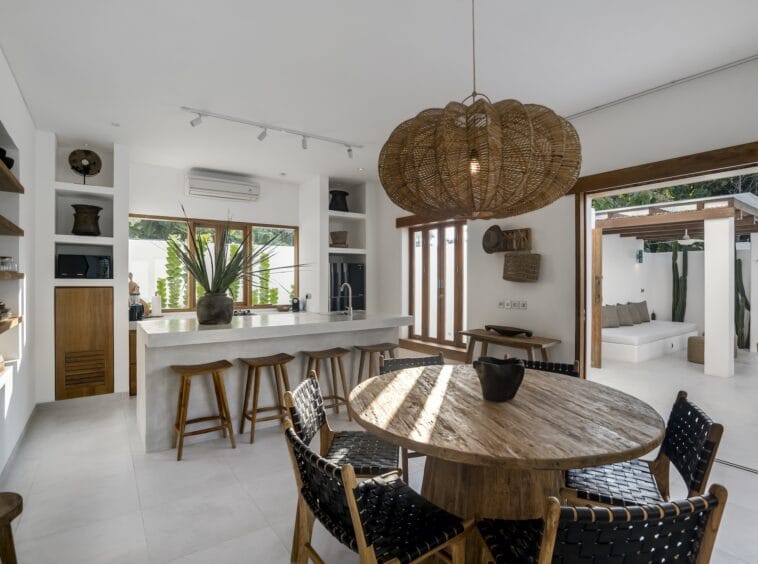 A private villa in Bingin with dining table and an open-kitchen layout