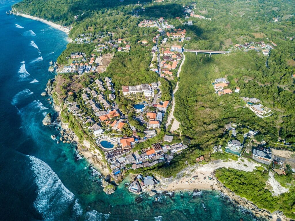 Drone shot of day clubs in Bali 